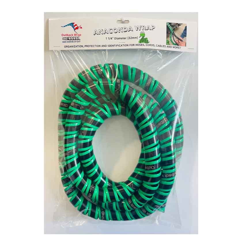 Outback Wrap Anaconda Wrap is 1 1/4" in diameter (32mm) and used to organize hoses, wires, cables and cords of all kinds.