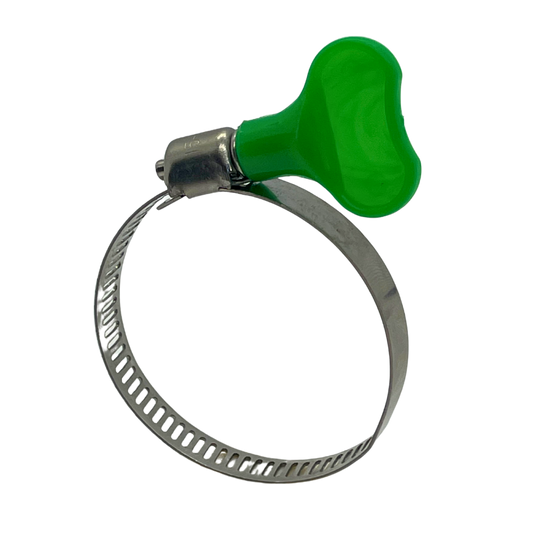 An adjustible stainless steel id clamp from Outback Wrap. Has a green turn key.