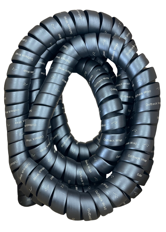 A black Outback Wrap Hose Honcho; designed for hydraulic hose protection.