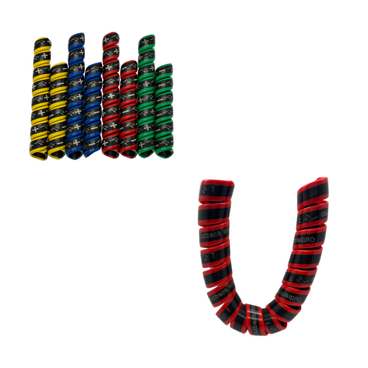 The Outback Wrap Starter Pack 2 with everything you need to easily identify hydraulic hose lines (remotes 1-4 yellow, blue, red, green); and a hose tamer to bundle and protect them.