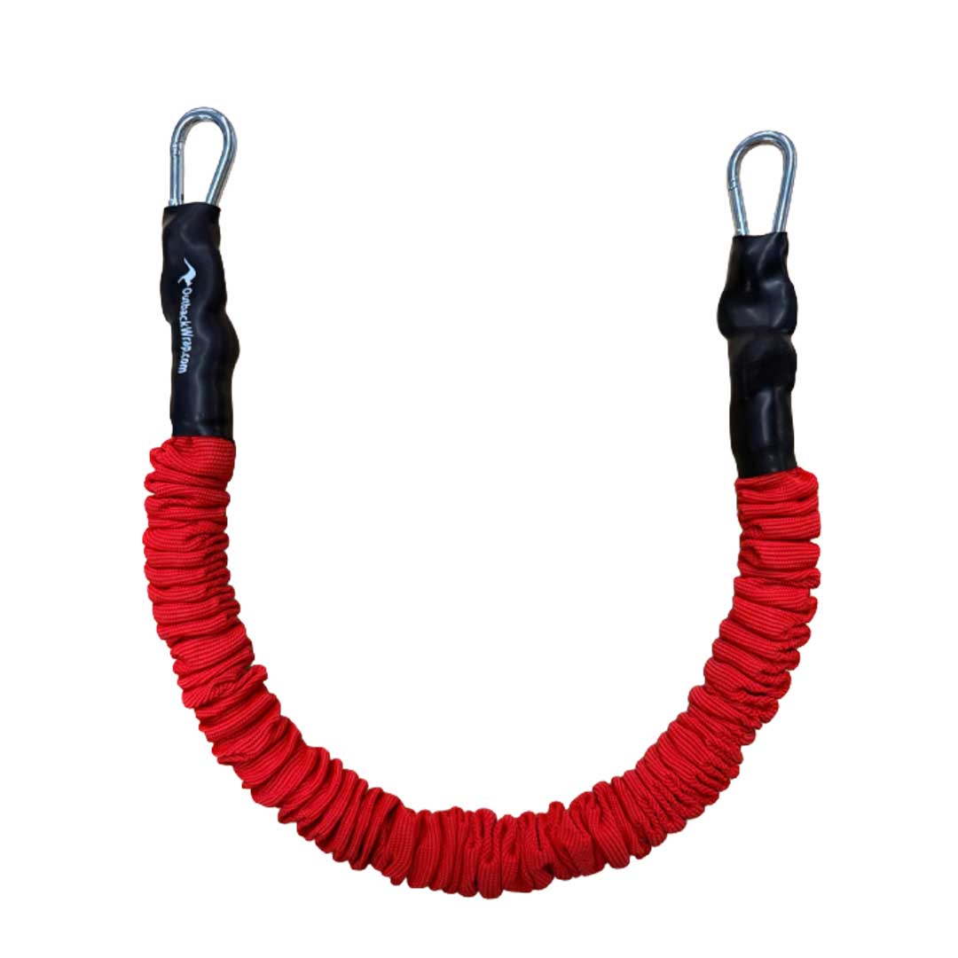 The red Outback Wrap Stretchy Strap is a Heavy-Duty Tarp Strap with Carabiner Hooks.