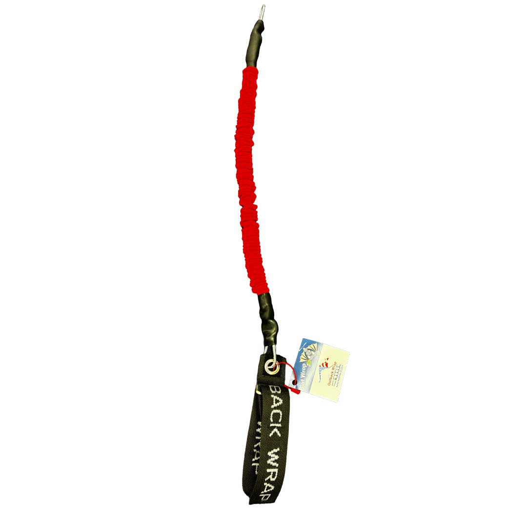 The Outback Wrap Stretchy Strap stretched out length wise to show its span while attached to a bat wrap.