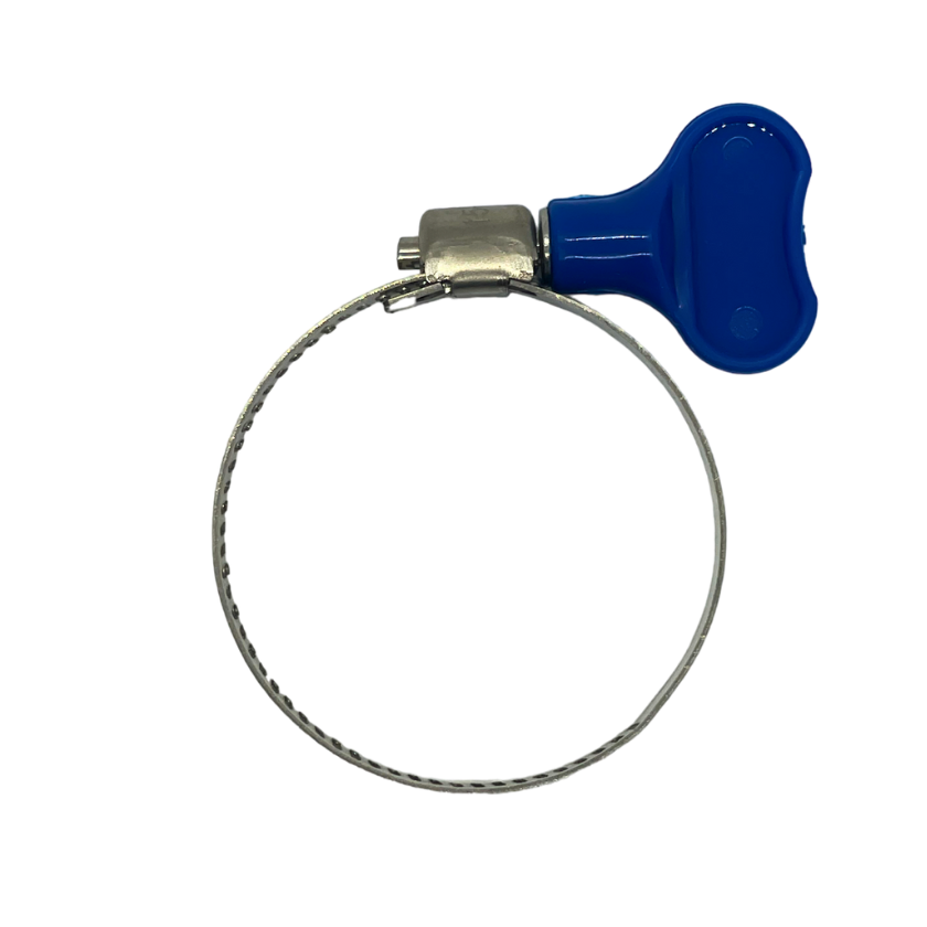 A butterfly hose clamp from Outback Wrap. Stainless steel with a blue turnkey.