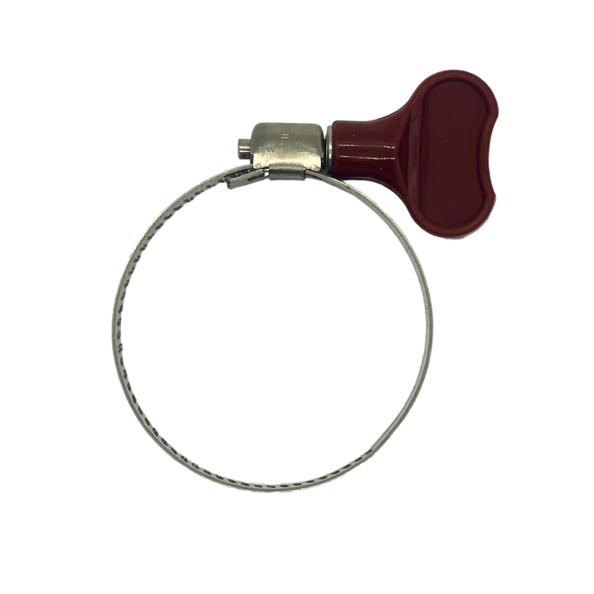 Butterfly hose clamp from Outback Wrap. Stainless Steel. Brown Turn Key.