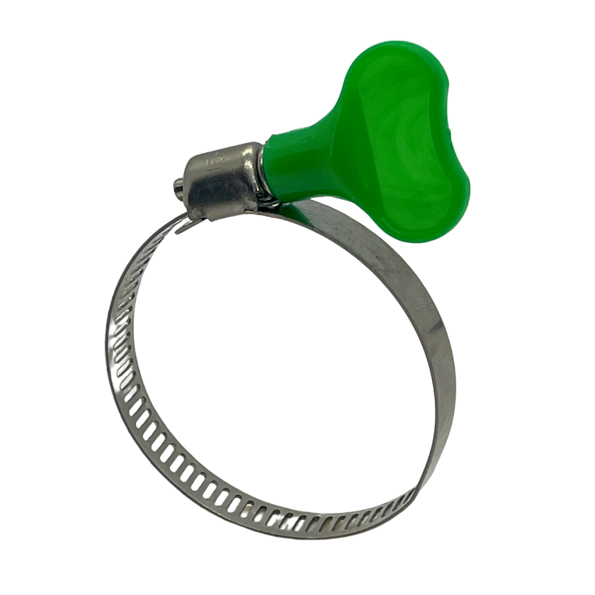 A stainless steel butterfly hose clamp from Outback Wrap. Has a green turn key.