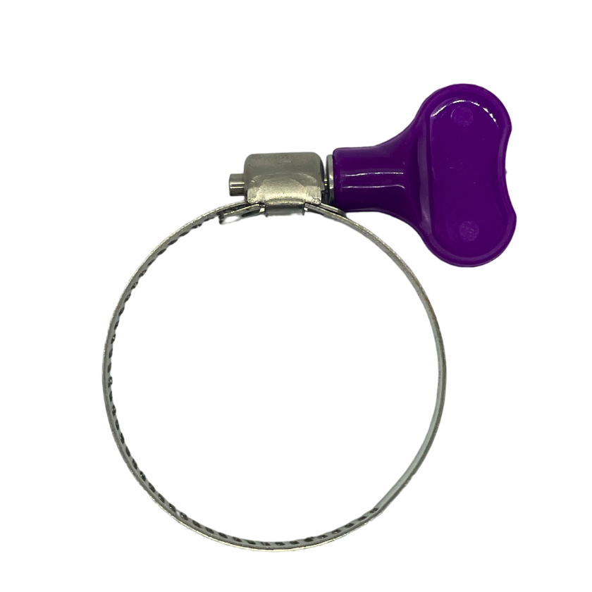 Hose clamp that fits 5/8" - 1 3/4" with a purple turn key.