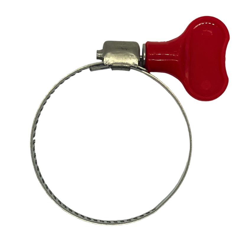 Red turn key on a butterfly hose clamp. Stainless Steel. From Outback Wrap.