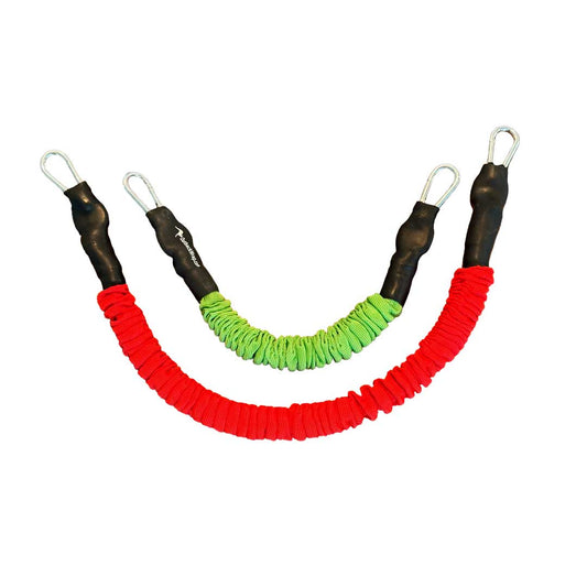 a long red and a short green Outback Wrap Stretchy Strap tarp strap.