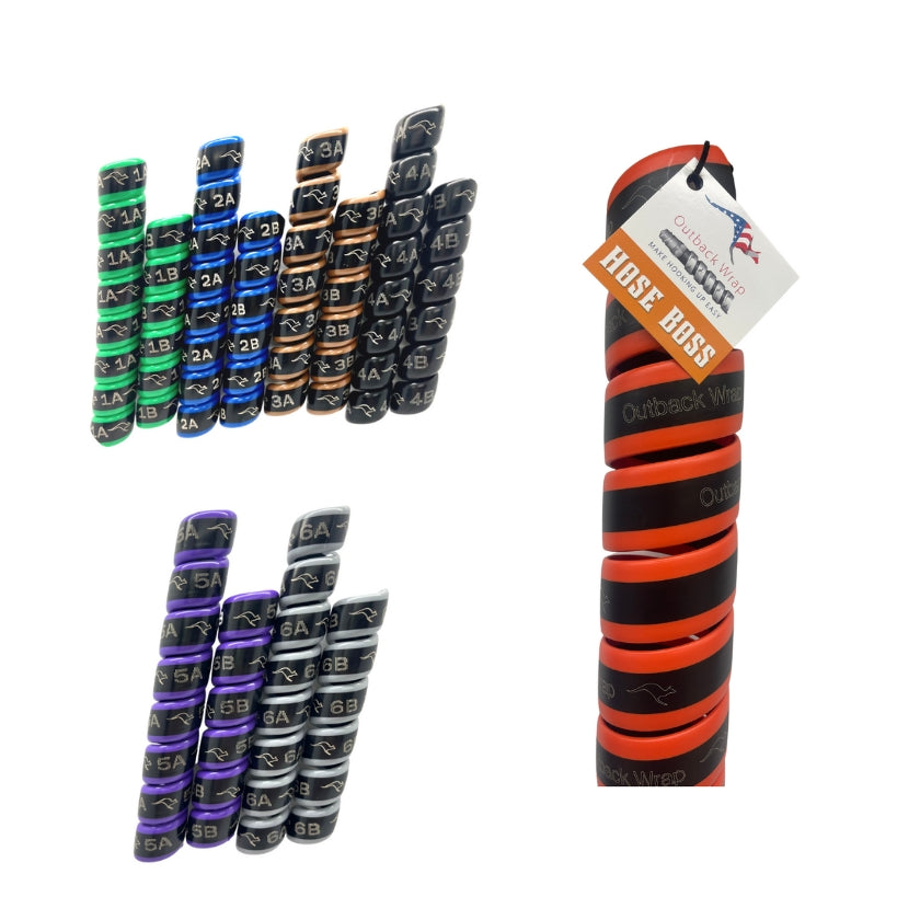 Our Hydraulic Hose Marker Boss Pack 2 bundles together all the hose wraps you need to easily label hydraulic hoses and protect them.  Colors include green, blue, brown, black, purple and grey.