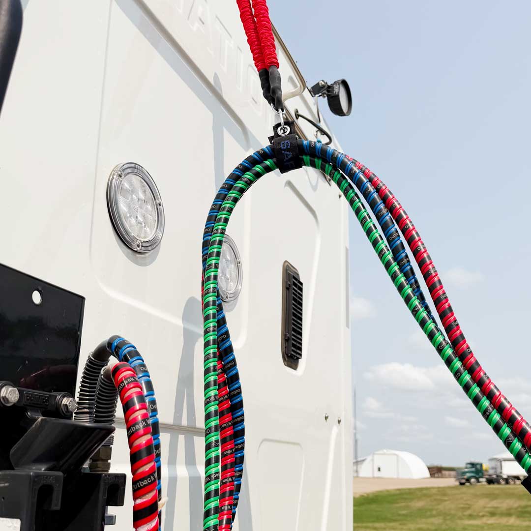 Close up of the 3 colors of Python Wrap in the Semi Truck Air Lines Identification Kit.