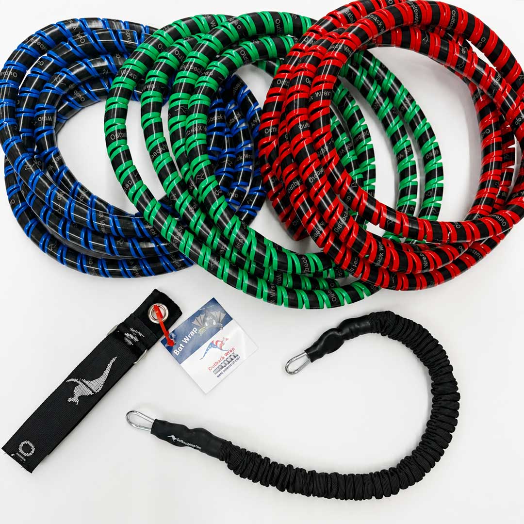 Semi truck trailer air lines identification kit featuring red, blue, and green Outback Wrap Python Wrap, Bat Wrap, and Stretchy Strap for hose organization and protection.
