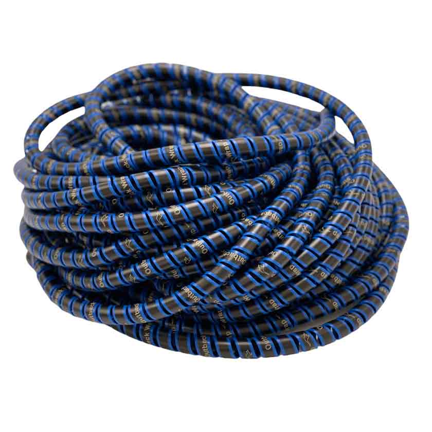 The Blue Constrictor wrap from Outback Wrap is 5/8" in diameter and is used to bundle and contain hoses, wires, cables and cords on the farm, in the home, office or at your business.