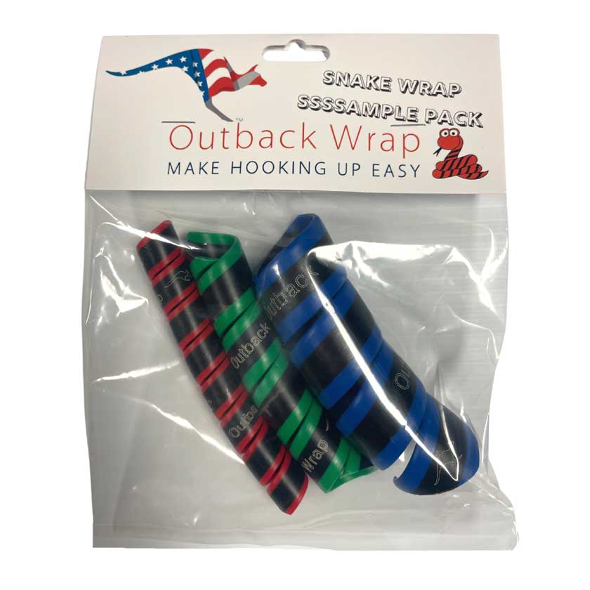 Outback Wrap snake collection sample pack. The Snake Collection can be used to organize, bundle and contain hoses, wires, cables and cords on the farm, in the home, office, on equipment or at your business! 